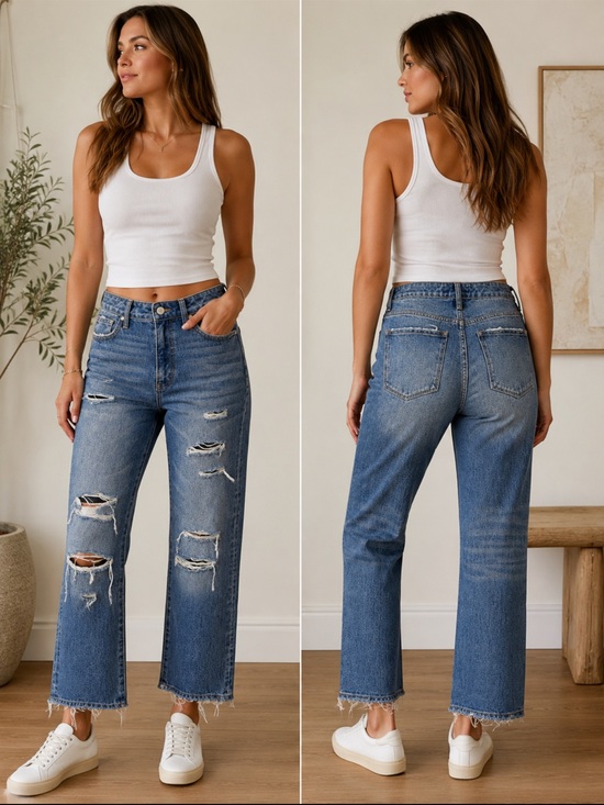 Vervet Denim - High-Rise Straight Leg Distressed Jeans - Blue